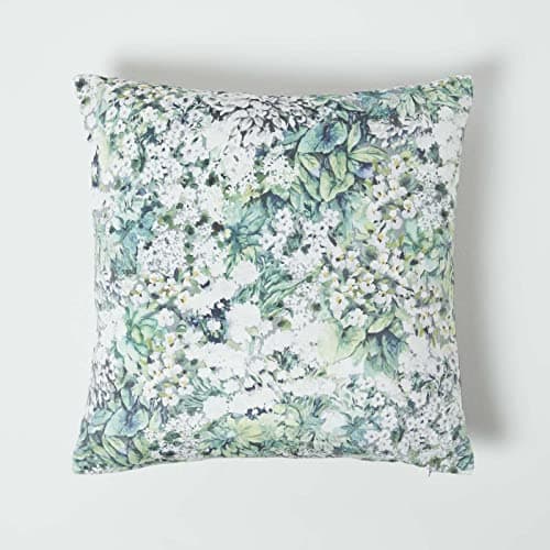 Image of HOMESCAPES Green & Grey Reversible Velvet Floral Cushion 46 x 46 cm Filled Decorative Throw Pillow with Botanical Flower Garden Design Cushion Insert Included
