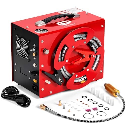Image of TUXING PCP Air Compressor, 4500Psi/30Mpa, Auto-Stop, Oil/Water Free, 220V AC or 12V Car Battery, Unique Design Portable Vertical+Wire Spool, 8MM Quick Connector for Paintball