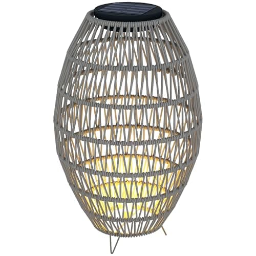 Image of Outsunny Rattan Solar Lamp, Garden Solar Lantern with Auto On/Off Light, IP44 Waterproof, Decorative Outdoor Rattan Lamp for Porch, Pathway, Grey