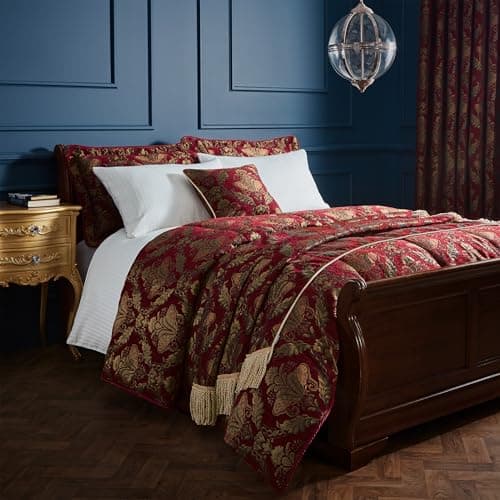 Image of Paoletti Shiraz Bedspread – Embroidered Floral Damask Jacquard Luxurious Durable Bedding (Burgundy and Gold – 275 x 275cm)