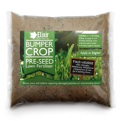 Image of Elixir Gardens Bumper Crop Pre-Seed Lawn/Turf Fertiliser | Grass Seed Starter & Soil Prep for Overseeding & Patch Repair with Magnesium & Iron | N.P.K: 6-11-18 + 2% Mg + 0.6% Fe | 20kg Bag