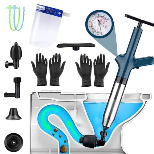 Image of High Pressure Toilet Plunger Kit: Heavy Duty Toilet Unblocker Powerful Stainless Steel Toilets Plungers for Unblocking with 4 Replaceable Heads Visual Barometer for Bathtub Drain Kitchen Clogged
