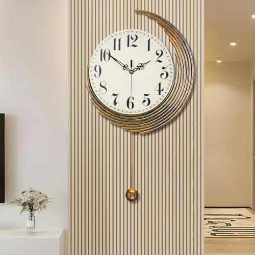 Image of Gilacco Decorative Wall Clocks with Pendulum,Silent Quality Quartz Movement Battery Operated,Vintage Wall Clock for Living Room Kitchen Home Bathroom Bedroom Wall Decor,13x22Inch,Retro Golden