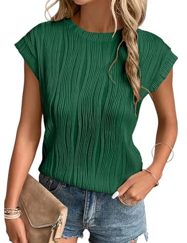 Image of Gemulate Cap Sleeve Linen top Ladies Casual Tshirts Short Sleeve Striped Womens Blouse Blouses Casual Ladies t-Shirt tees for Women Summer Tunic Top Green M