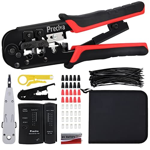 Image of RJ45 Crimp Tool Kit, Preciva 97-in-1 Ethernet Crimping Network Toolkit for 8P/6P RJ11, RJ12, RJ45, CAT5, CAT5E, Computer Maintenance LAN Cable Tester Repair Set, Cable Tester, Wire Stripper