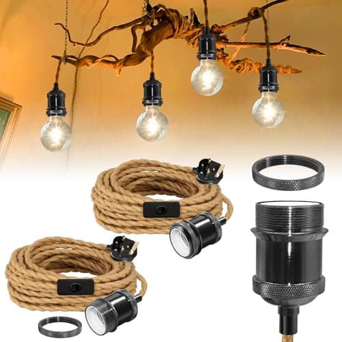 Image of 510 cm Vintage Brass Hemp Rope Lights, 2 Pcs Pearl Black Pendant Light Fitting, Industrial Plug in Hanging Lamp with E27 Lamp Holder, Retro Plug in Ceiling Light Fixture for Living Room, No Bulb