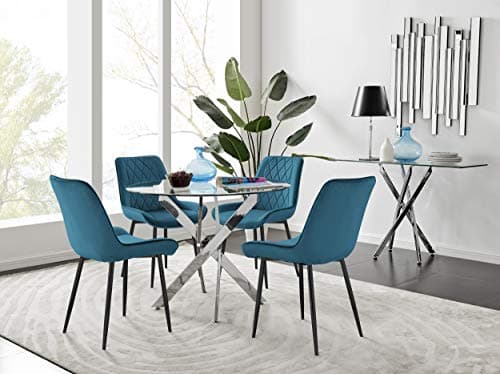 Image of Furniturebox UK Novara 100cm Modern Round Chrome Metal And Clear Glass Dining Table And 4 Luxury Stylish Pesaro Velvet and Black Leg Dining Chairs Set (Dining Table + 4 Blue Pesaro Chairs)