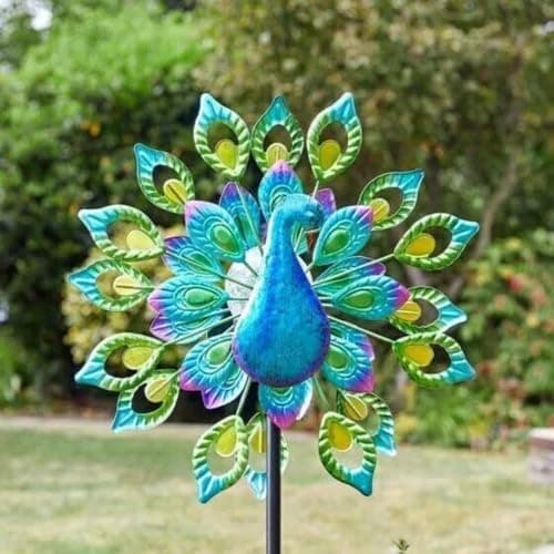 Image of Garden Mile 130cm Colourful Peacock LED Solar Powered Wind Sculpture Garden Ornament Windmills For Gardens Metal Decoration Wind Spinner for Gardens Durable