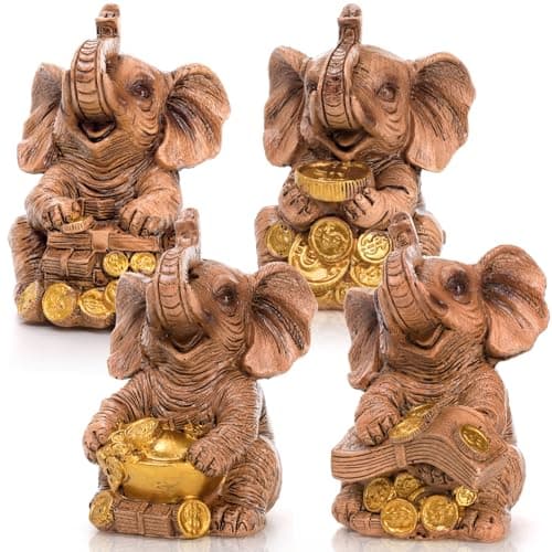Image of Pumtus 4 Pack Lucky Elephant Statues, Trunk Up Elephants Figurines, Wealth Resin Sculpture Decor, Elephant Ornament for Home Office Garden, Unique Gift for Housewarming Birthday