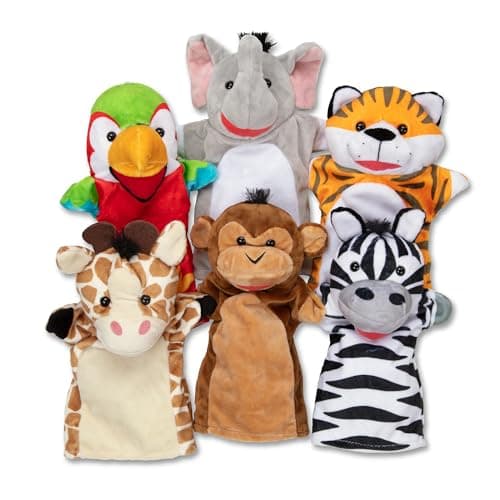 Image of Melissa & Doug Safari Buddies Hand Puppets, Set of 6 (Elephant, Tiger, Parrot, Giraffe, Monkey, Zebra) Soft, Plush Animal Hand Puppets For Toddlers And Kids Ages 2+