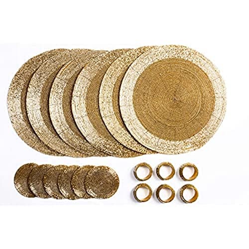 Image of Penguin Home Handcrafted Glass Beaded Round Placemats, Coasters & Napkin Rings Set of 18 - Handmade Table Place Mats for Dining - 32 cm (13") Diameter (Gold)