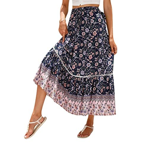 Image of Women Casual Boho Long Skirt Vintage Floral Print Bohemian Style Half Dress Elastic Waist Flowy Swing Midi Skirt Summer Spring (Navy, L)