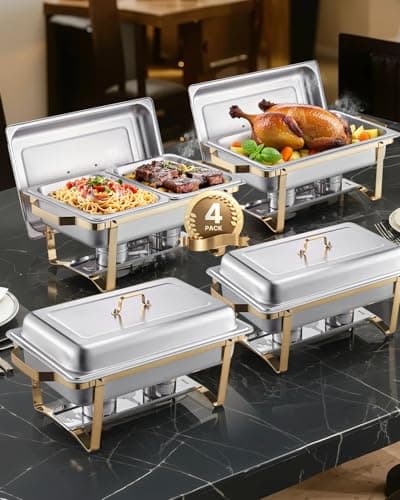 Image of VEVOR Chafing Dish Buffet Set, 8 Qt 4 Pack, Stainless Steel Chafer with 2 Full Size and 4 Half Size Pans, Rectangle Catering Warmer Server with Lid Water Pan Stand, for Weddings Parties Banquets, Gold