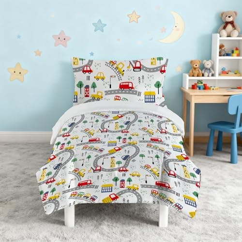 Image of Snugoria Cot Bed Duvet Cover Set for Boys, Set Cars Pattern Toddler Bedding Set for Junior/Toddler/Cot, Cartoon Pattern Quilt Cover 120×150 cm and Pillowcase 40x60 cm