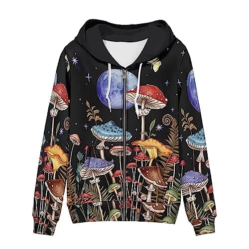 Image of WELLFLYHOM Women Y2K Hoodie Zip Up Sweatshirt Vintage Jackets Hooded Cardigan, 0 Mushroom Moon, Large