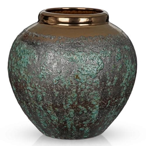 Image of Oairse Ceramic Flower Vase 21cm Rustic Farmhouse Flower Vase with Wide Bronze Mouth, Vintage Tall Terracotta Vases for Home, Office, Living Room, Table, Shelf, Mantel Decoration