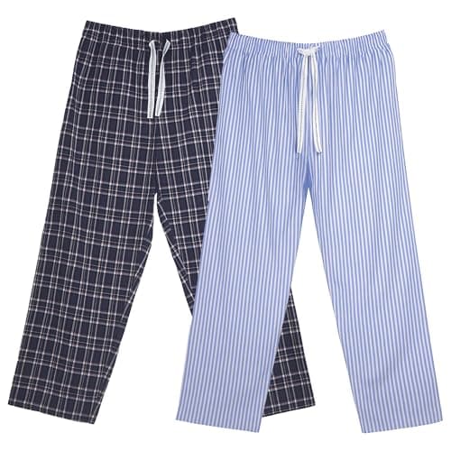 Image of Keanu 2 Pack Men's Woven Pyjama Bottoms - Checked and Vertical Stripes - Straight Leg - Loungewear - Breathable Material - Blue and Navy - Size XL