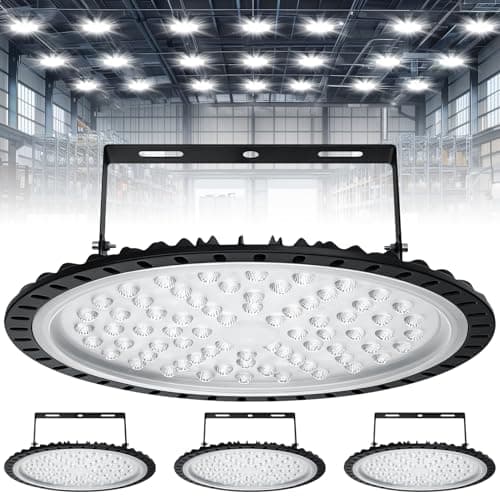Image of Viugreum 4 Pack 300W UFO LED High Bay Light, 30000LM Ultra Thin LED Warehouse Lighting 6500K Daylight White, IP65 Waterproof Commercial Bay Lighting Shop Area Workshop Garage Lights Fixtures