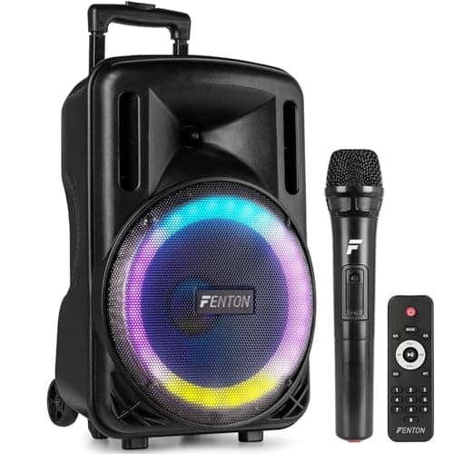 Image of Fenton FT10LED MK2 10" Portable PA System with Wireless UHF Microphone, Bluetooth Party Speaker with LED Light, USB/SD MP3 Playback, Rechargeable Battery & Wheels, 450W