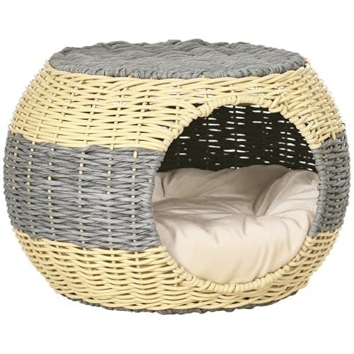 Image of PawHut Wicker Cat House, Rattan Raised Cat Bed w/Soft Cushion, Φ40 x 30cm