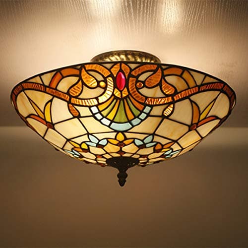 Image of BOTOWI Vintage Tiffany Style Ceiling Light Baroque Flush Mount 3-Light Ceiling Light Fixture with Stained Glass Shade for Bedroom Living Room,40cm