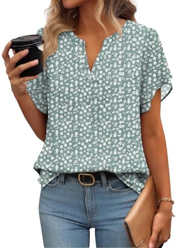Image of Zeagoo Womens Tops Summer Chiffon Blouse Ruffle Short Sleeve Shirts V Neck Work Blouses Business Casual Mesh Blouse Floral Double Layers Tunic Top B-Light Green Floral XL