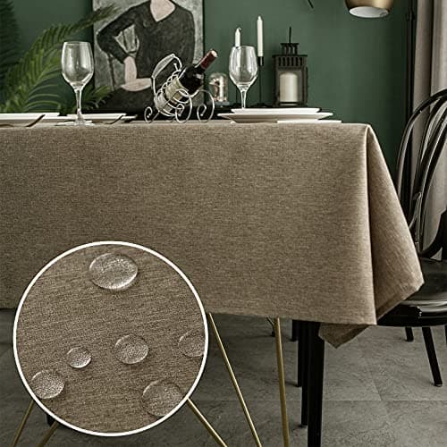 Image of WELTRXE Rectangle Table Cloth,140x240cm,Faux Linen Tablecloth,Water Resistant Spill Proof Wipeable Polyester Dining Table Cover for Cafe Restaurant Buffet Tabletop Decoration,Dark Linen