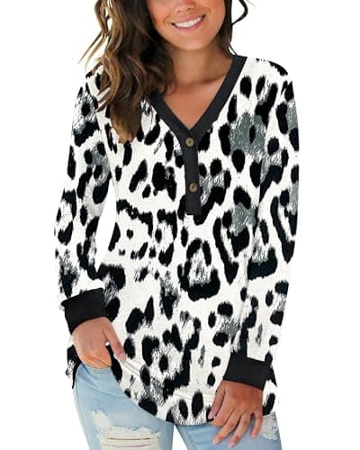 Image of AUSELILY Women's Long Sleeve Tops V-Neck Jumpers Causal Button Down Sweatshirts Loose Henley T Shirt Blouse Grey Leopard M