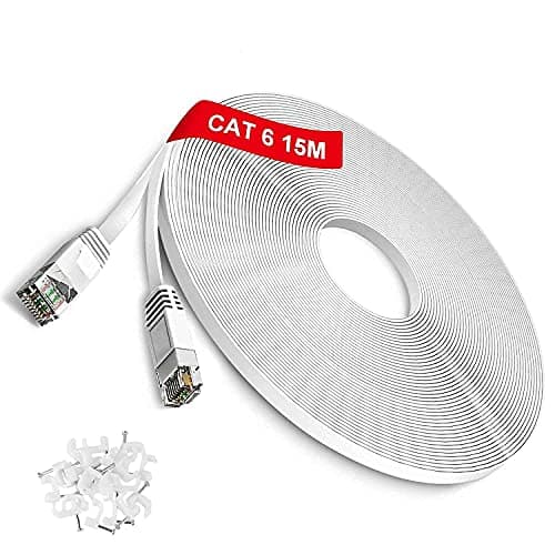 Image of TBMax Flat Ethernet Cable 15m Long, Cat6 Ethernet Network Cable RJ45 High Speed Lan Cable UTP Internet Patch Cable for Modem,Router, White