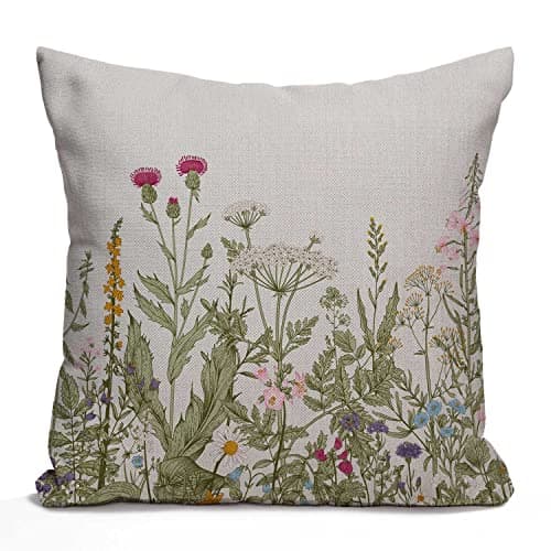Image of Tomda Floral Cushion Cover 45x45cm 18x18 Inch, Vintage Green Floral Flower Botanical Cotton Linen Pillow Cover for Home Sofa Chair Decor Farmhouse Pillow Case