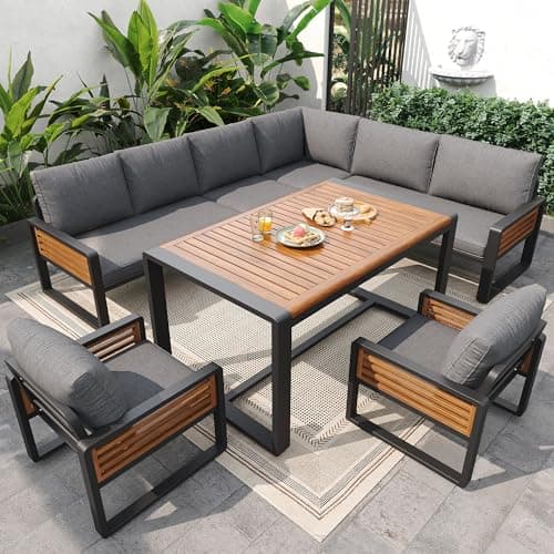 Image of SURUEO Garden Lounge Set, Garden Sofa with Dining Table Made of Solid Wood, Furniture Set for 8 People, Adjustable Legs, All Seat and Back Cushions Included, Gray