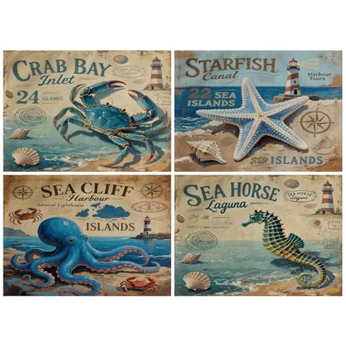 Image of Vintage Sea Theme Placemats Set of 4 Coastal Beach Ocean Theme Table Mats Waterproof Heat Resistant Washable Non-Slip Place Mats for Dinner Room Kitchen Decor Table 12”×16” White/Blue
