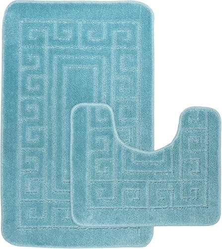 Image of EDS Luxury 2 Piece Greek Bath Mat Set Non Slip Ultra Soft Bathroom Mats Water Absorbent Bath Mats Machine Washable Rug Toilet Mat for Bathroom Floor (Aqua)