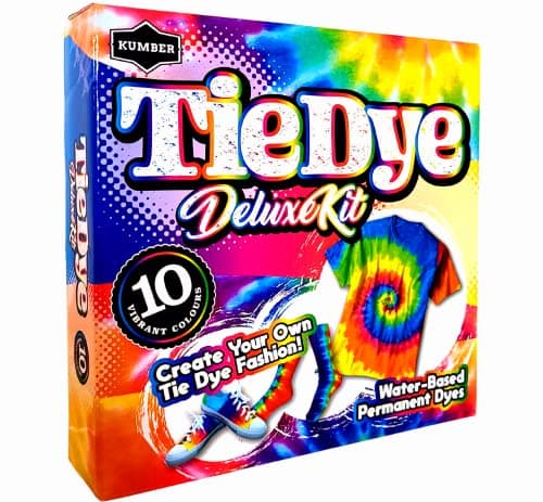Image of KUMBER Tie Dye Kit Kids & Adults - 10 Colours with Extra Dye Powder, Rubber Bands, Gloves, Surface Cover & Funnel - Art and Craft Kit for Kids and Adults - Fabric Dye for Clothes, Games & Activities