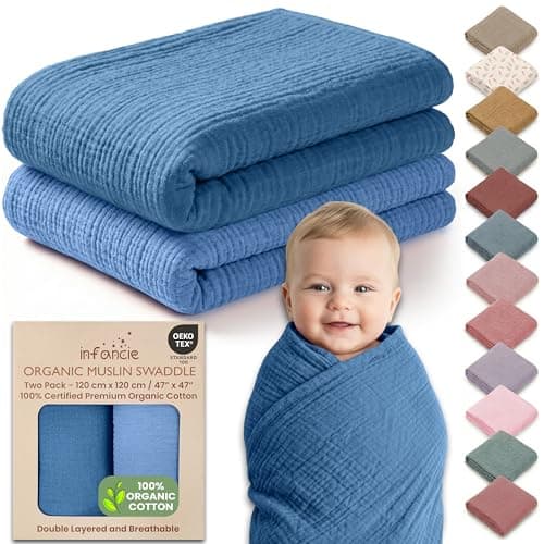 Image of infancie Organic Cotton Baby Muslin Blanket - Breathable, Large 120x120 cm for baby swaddle blanket Hypoallergenic Muslin Baby Blankets, Versatile, Double layer (Slate/Aquarius)