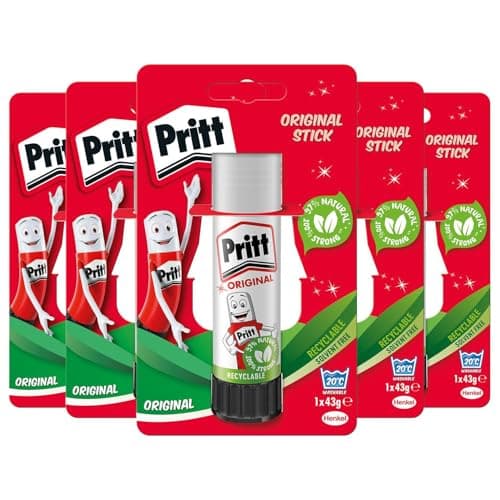 Image of Pritt Stick Original Glue Stick for School, Crafting and Office Pack of 5-97% natural child-friendly adhesive, solvent-free, low-wrinkle formula that is strong, long-lasting,and easy to wash 43gEach