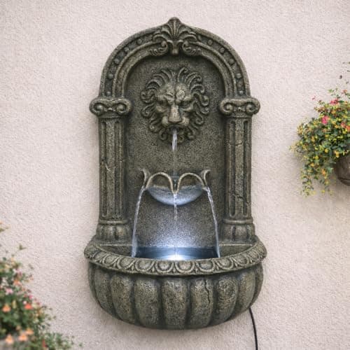 Image of Festive Lights - 55cm Black Lion Stone Effect Wall Mounted Hybrid Water Feature with Solar, USB & Plug In Power - LED Lit Polyresin Cascading Fountain, Multi Timer Functions, Indoor & Outdoor Use