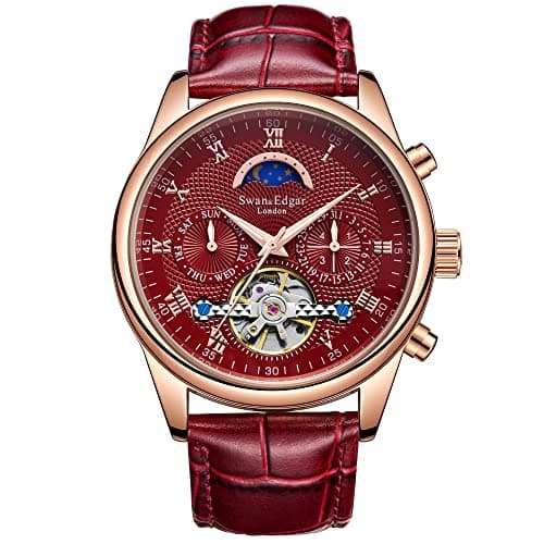 Image of SWAN AND EDGAR Complexity Designer Mens Automatic Watch with Sapphire Crystal, Day, Date & Business Quarter, Leather Strap, Water Resistant 30M, Analogue Mens Watch - Red