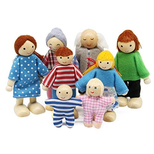 Image of Wagoog Dolls House Dolls Family Set, Wooden 8 Mini People Figures Dolls Playset for Dollhouse Accessories Girls Kids Children Pretend Toy Gift