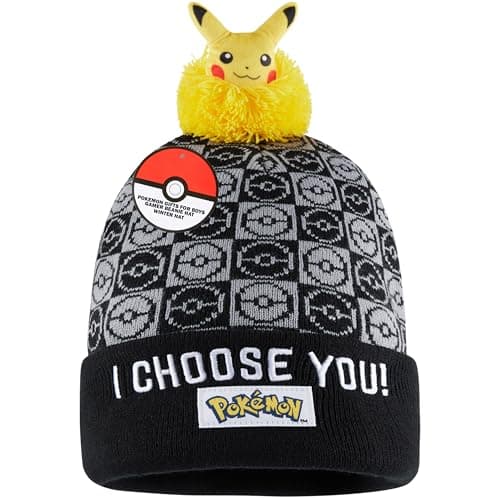 Image of Pokemon Beanie Hat for Kids Anime Warm Knitted Winter Hat Pikachu Gengar Eeevee for School Travel Days Out Cosy Gifts for Gamers (5-12 Years, Black Pikachu)