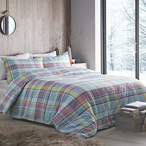 Image of Appletree - Candy Brushed Cotton Plaid Duvet Cover - Single Bedding Size (140 x 200cm) - Soft Cotton - 1 Pillowcase - Multi-Colours Check Duvet Cover - Flannelette Tartan Bedding in Pastel Colours