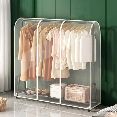 Image of Dustproof Hanging Clothes Rail Cover for Wardrobe Storage,PEVA Plastic Clothes Covers Protector with Zip,Clear Over Cover for Garment Clothes Rack Cover forClothing,Dresses,Suits,Coats (5FT)