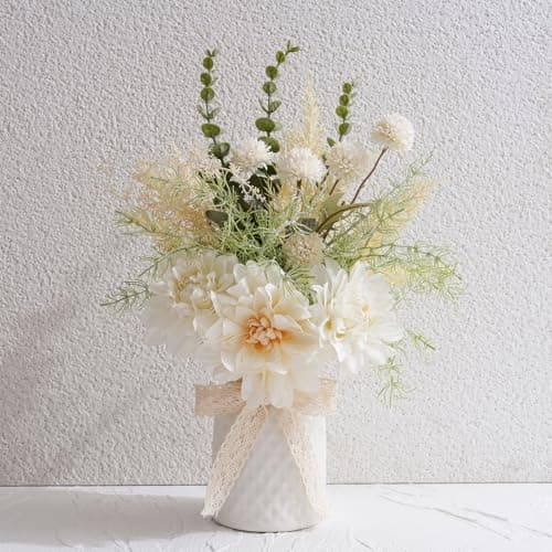 Image of SUNNY BROOK Artificial Flowers in Ceramic Vase, Fake Dahlia & Dandelion Floral Bouquet with Ribbon Pot, Faux Silk Arrangement for Home Spring Décor Dining Coffee Table Centerpiece Decor, White