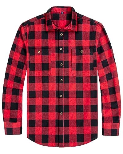 Image of J.VER Men's Flannel Shirt Red Black Long Sleeve Cotton Checked Shirts Button Down Lumberjack Regular Fit Winter Warm Thick Plaid Shirt with Pockets M