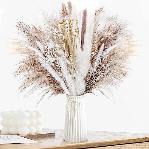 Image of Natural Dried Pampas Grass (UK Company), 65PCS Dried Flowers Fluffy Pampas Grass Bouquet, Artificial Pampas for Wedding Floral Arrangements Boho Home Decor