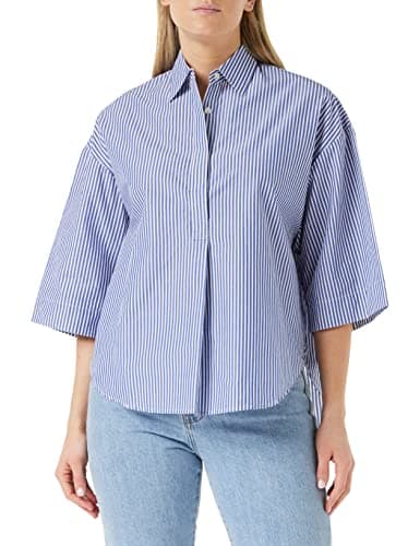Image of French Connection Rhodes Sustainable Poplin Short Sleeve Popover, Linen White/Marine, S