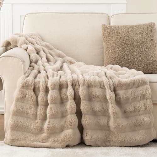 Image of Battilo Faux Rabbit Fur Throw Blanket Tan, Super Soft Fuzzy Cozy Rabbit Fluffy Fur Blanket, Luxury Warm Thick Plush Bubble Blankets for Bed Sofa Couch Home Decor, 125x150cm