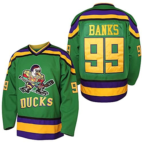 Image of EETUG Mighty Ducks Jersey #96 Charlie Conway #99 Adam Banks #33 Greg Goldberg #66 Gordon Bombay Movie Hockey Jersey White Green, 99 Adam Banks Green, 3XL