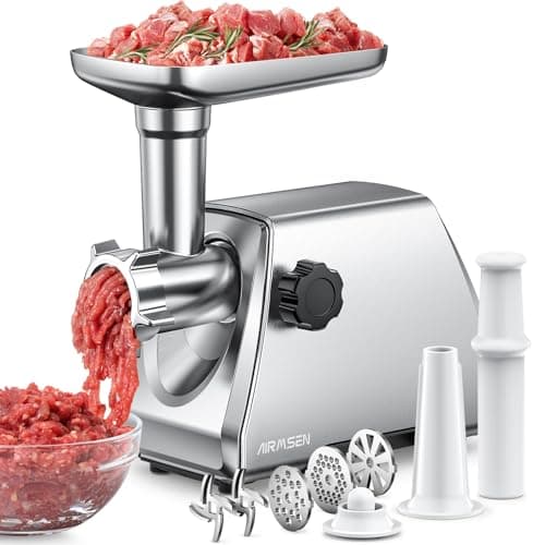 Image of AIRMSEN Heavy Duty Electric Meat Grinder – Fast Quiet Meat Mincer with 3 Plates, 2 Stainless Blades & Kubbe Kit – Easy to Clean for Home Cooking & Commercial Use