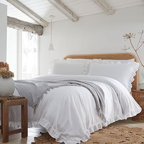 Image of Appletree White Frill Duvet Cover Set – Super King Bedding Size (260 x 220cm) – 100% Cotton – 2 Pillowcases – Soft Ruffle Edge – Romantic White Bedding – Elegant Shabby Chic Bedroom Style